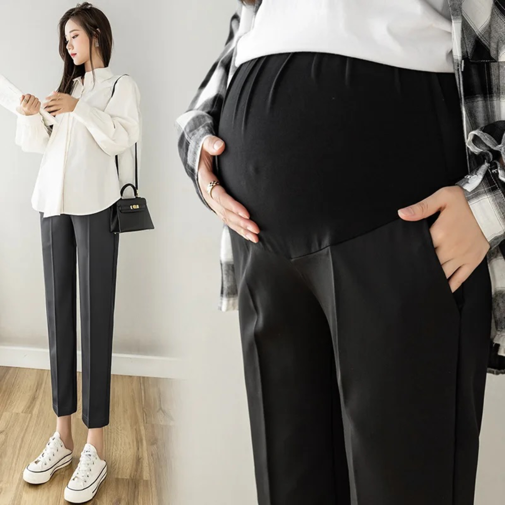 Calça Gestante de alfaiataria com cos alto modela barriga